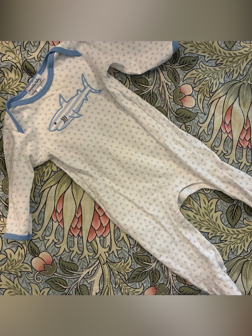 Magnolia Baby White One-Piece Footie with Light Blue Shark and Trim